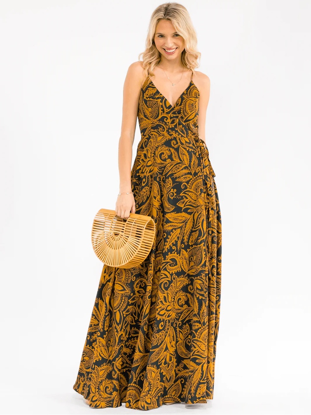 NWT Boho Floral Maxi Dress Mustard & Dark Green | Adjustable Straps